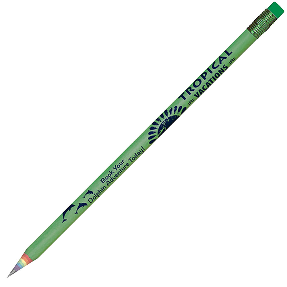 Customizable arcus rainbow recycled newspaper pencil in green.