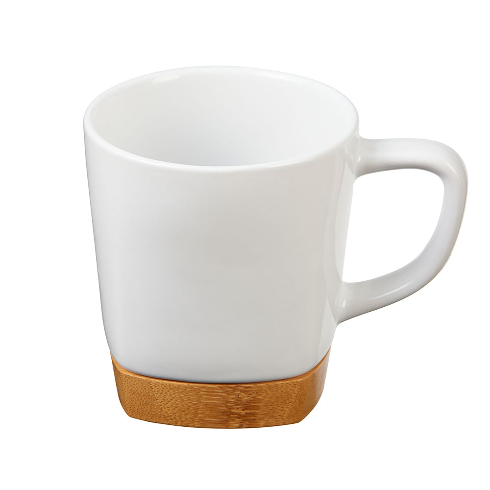 11 oz Ceramic Mug with Removable Bamboo Coaster in white.