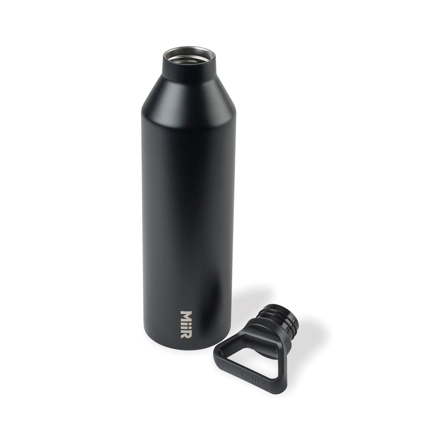 Customizable Miir 23 oz insulated water bottle in black with lid.