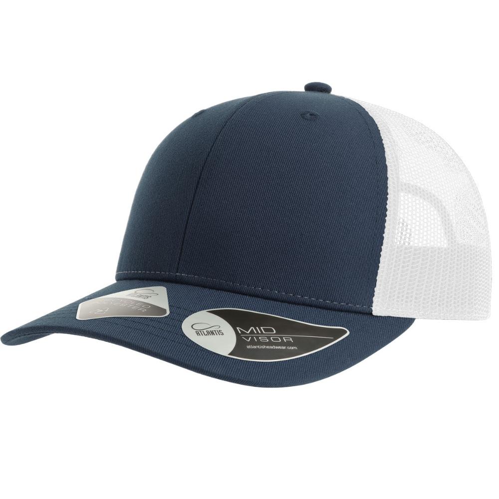 Customizable Atlantis Headwear Bryce Trucker Cap in navy and white.