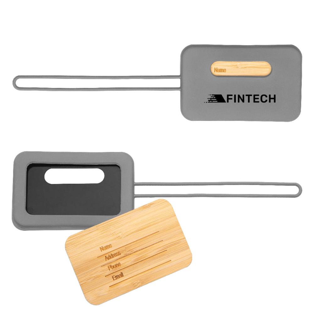 First Class Bamboo & Silicone Luggage Tag in gray with logo.