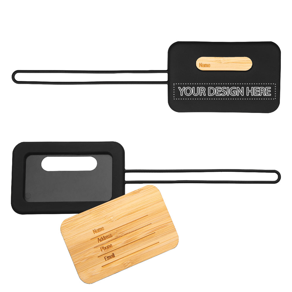 First Class Bamboo & Silicone Luggage Tag in black.