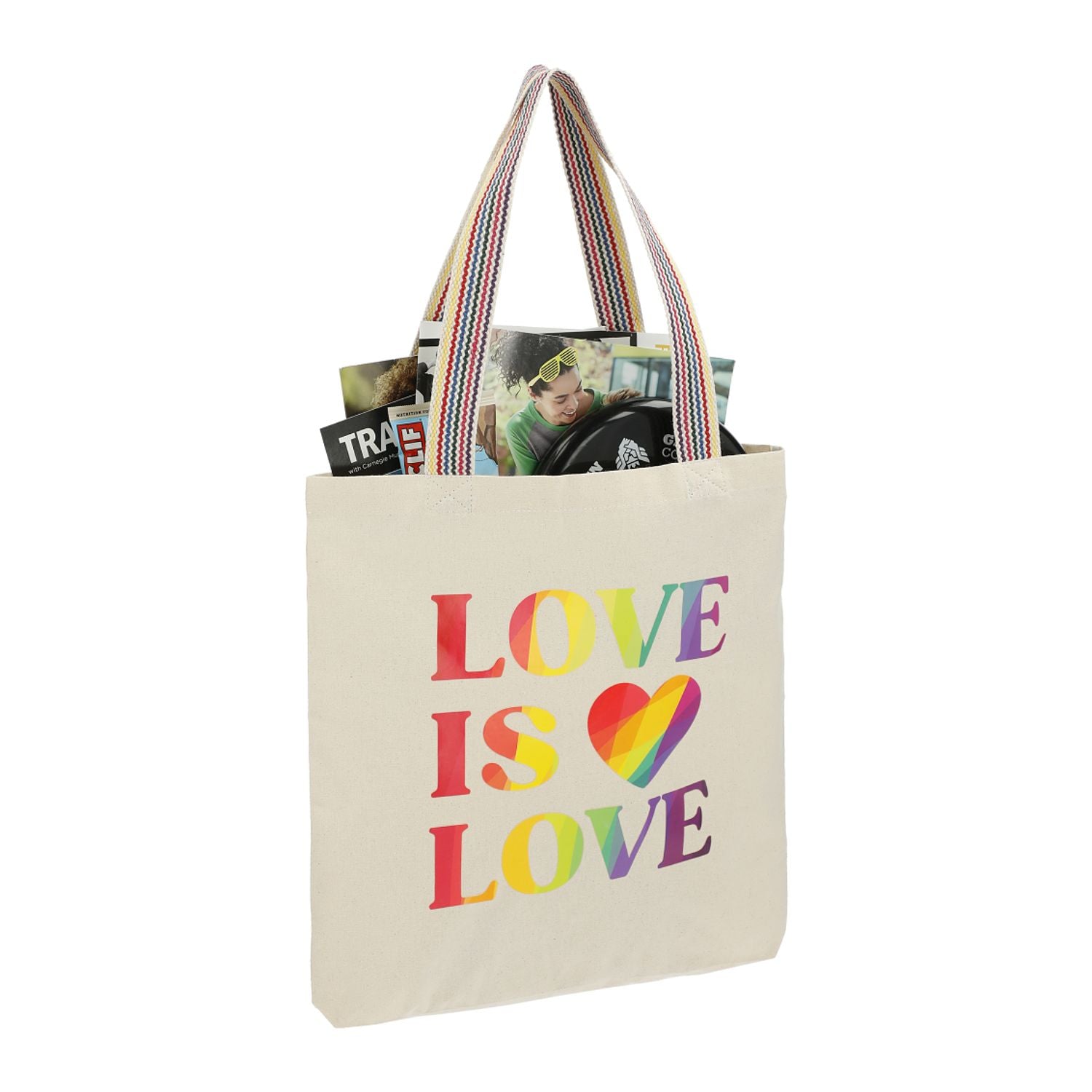 Customized recycled cotton rainbow bag with logo.