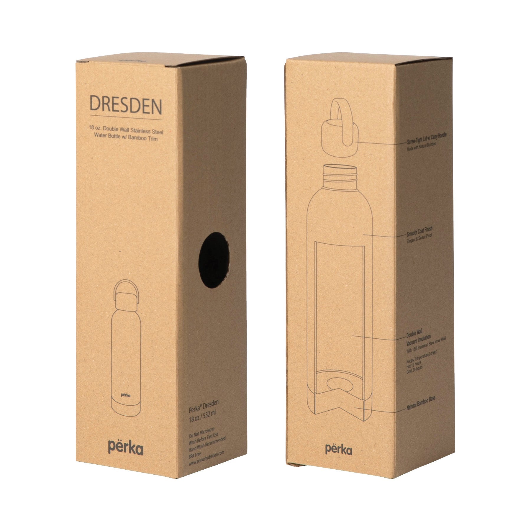 18 oz Perka® Dresden Double Wall, Stainless Steel Water Bottle gift box.
