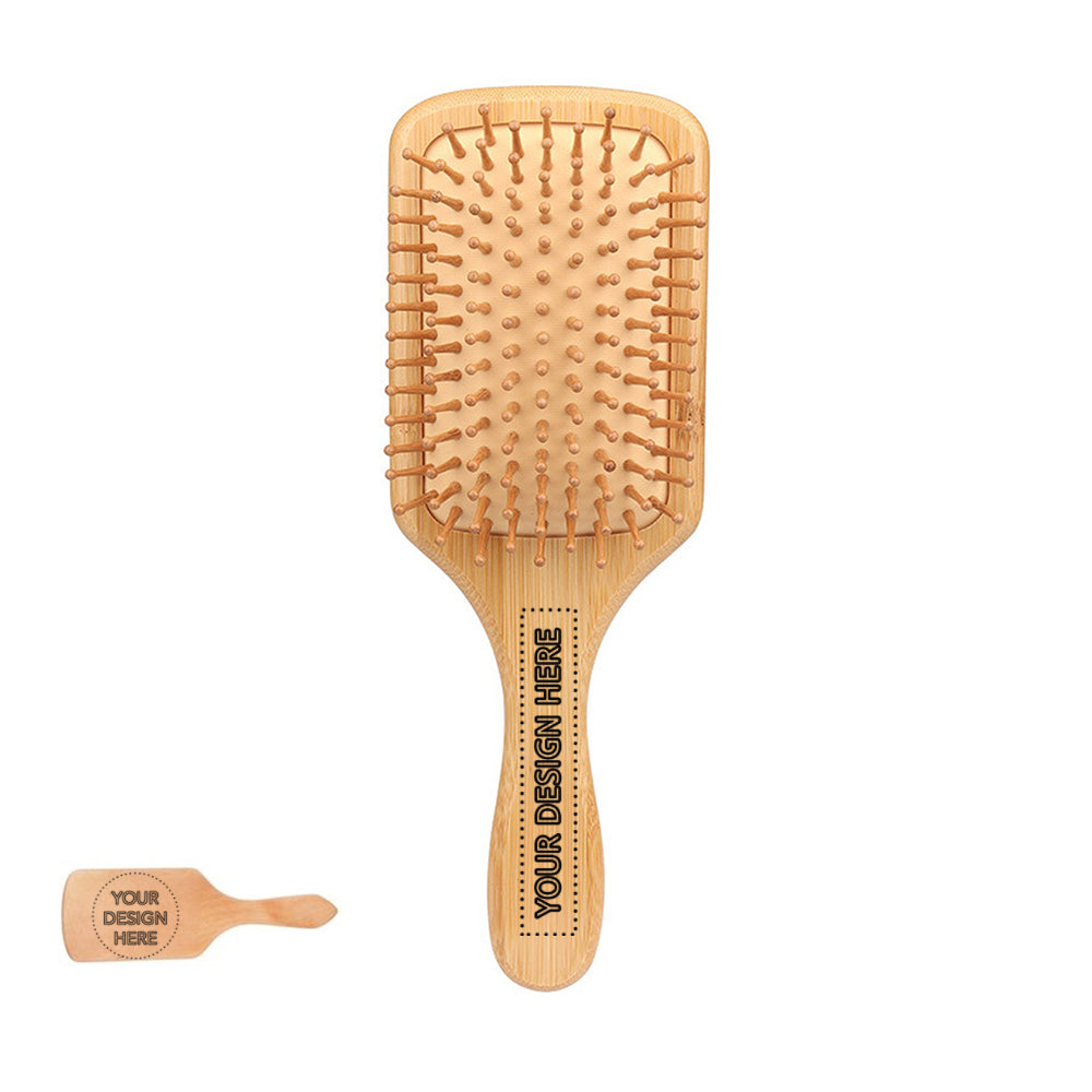 3 3/8"X9 5/8" Bamboo Paddle Detangling Hair Comb with logo.