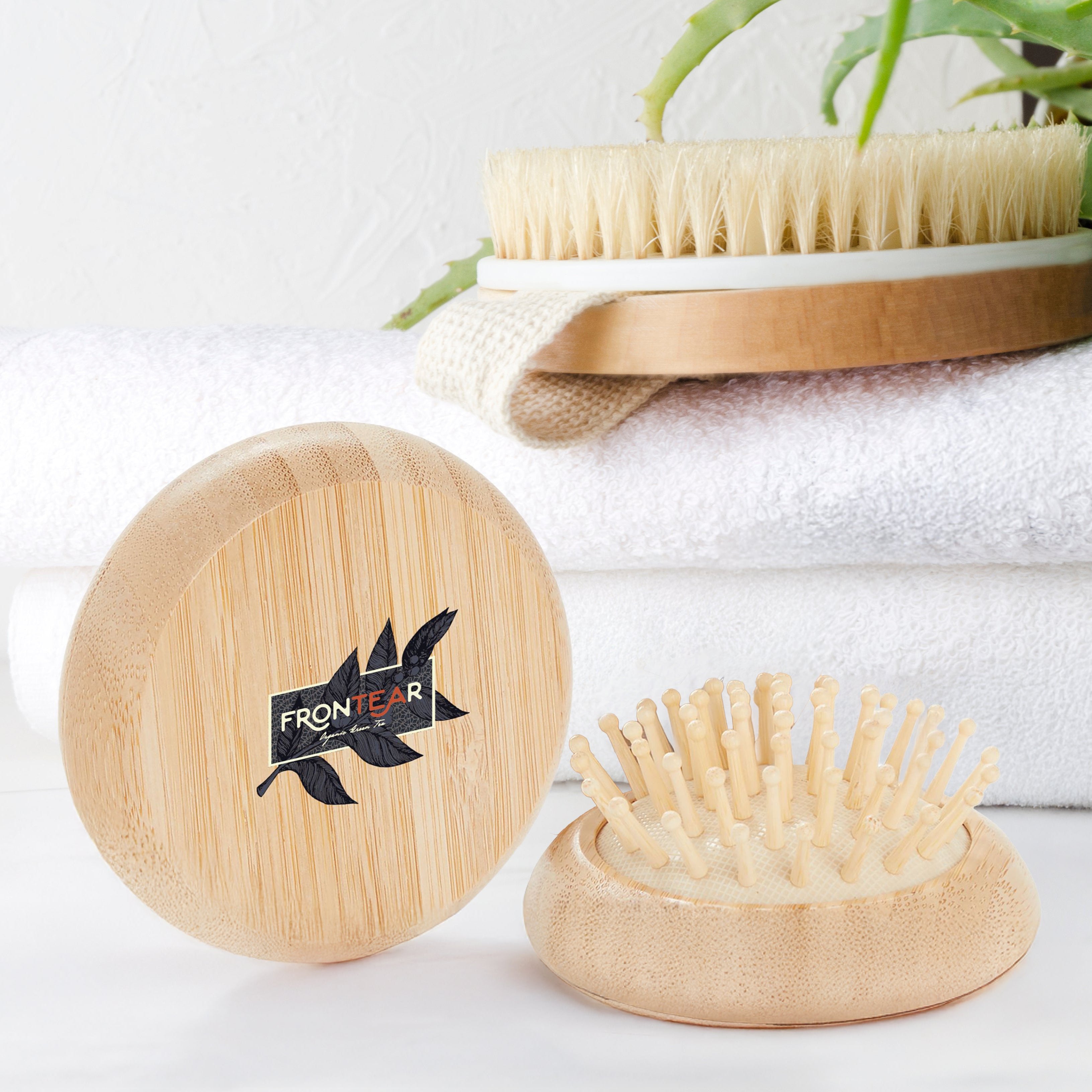 Customizable FSC Bamboo Compact Mirror and  Brush.