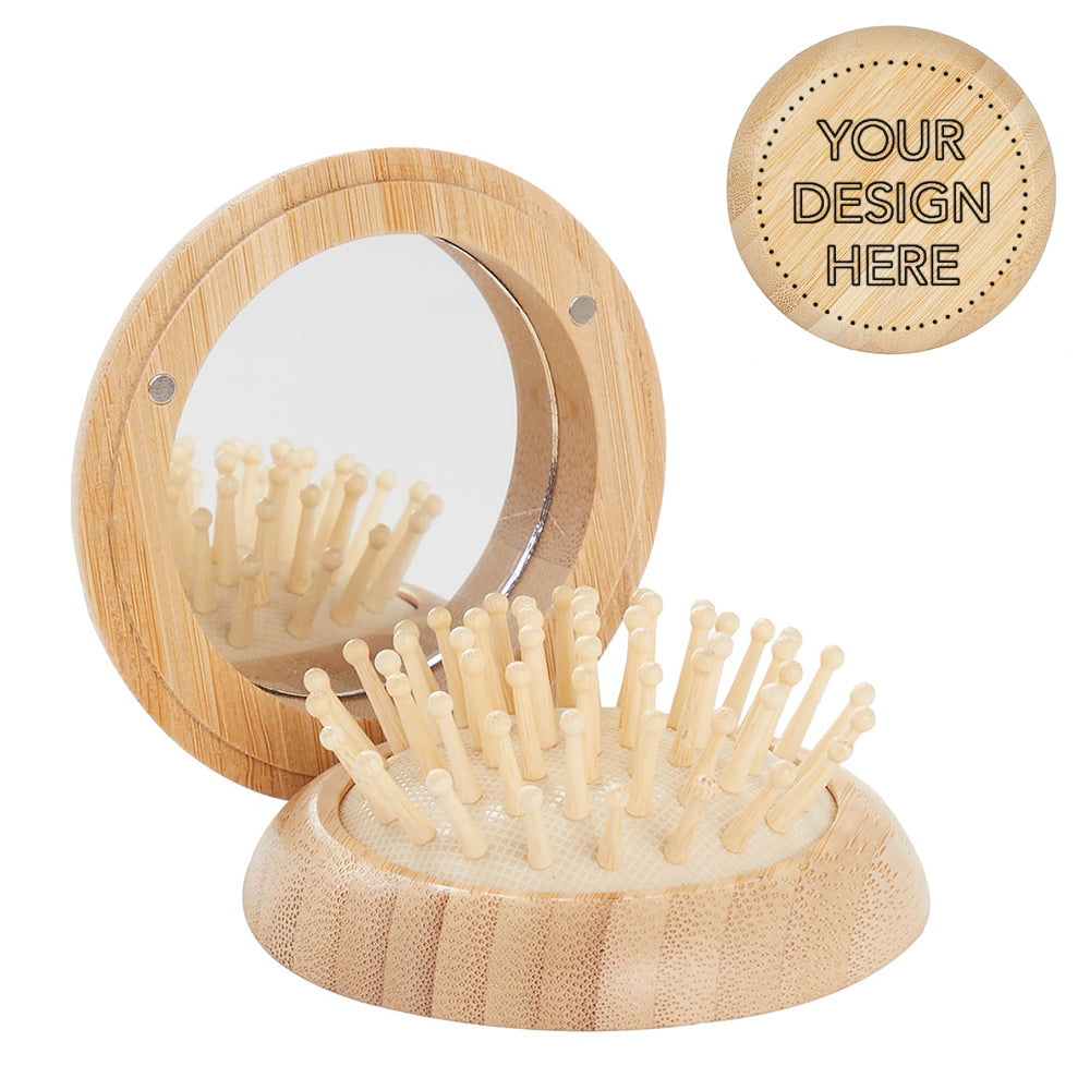 Customizable FSC Bamboo Compact Mirror and  Brush.