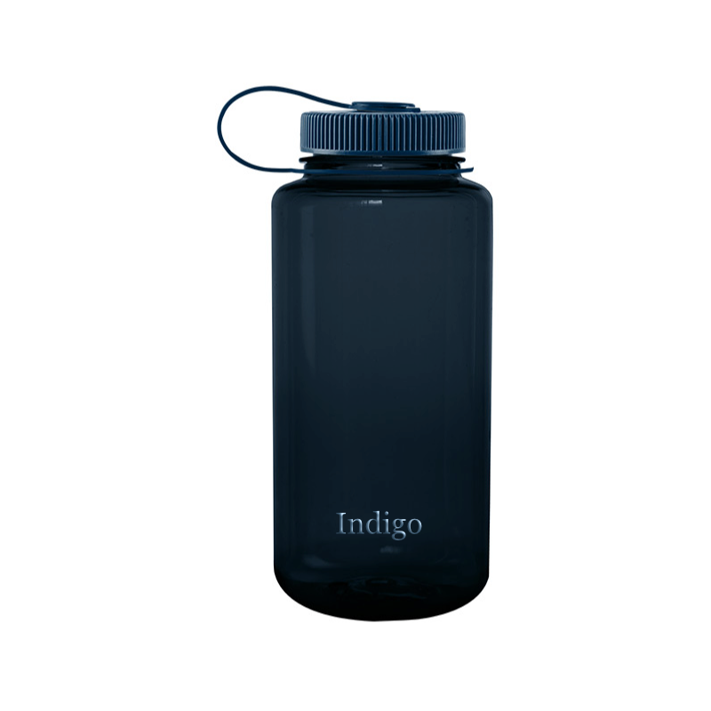 Customizable 32 ounce wide-mouth Nalgene Sustain bottle in indigo.