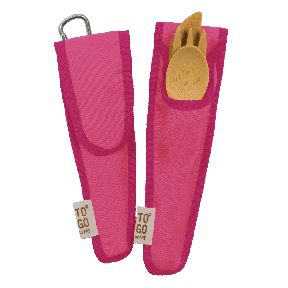 To-Go Ware Kids Bamboo Utensil Set in rPET Pouch in pink.