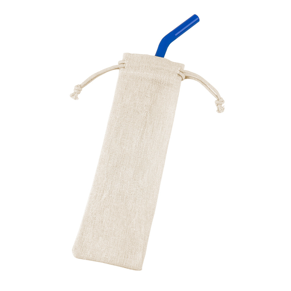 Stainless steel straw with silicone tip in a Jute pouch in blue