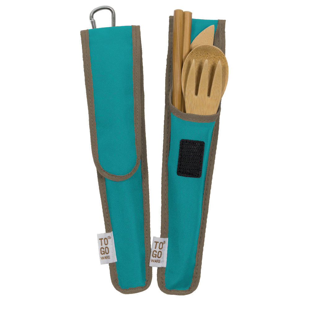 To-Go Ware Classic Bamboo Utensil Set in Rpet Pouch in teal.