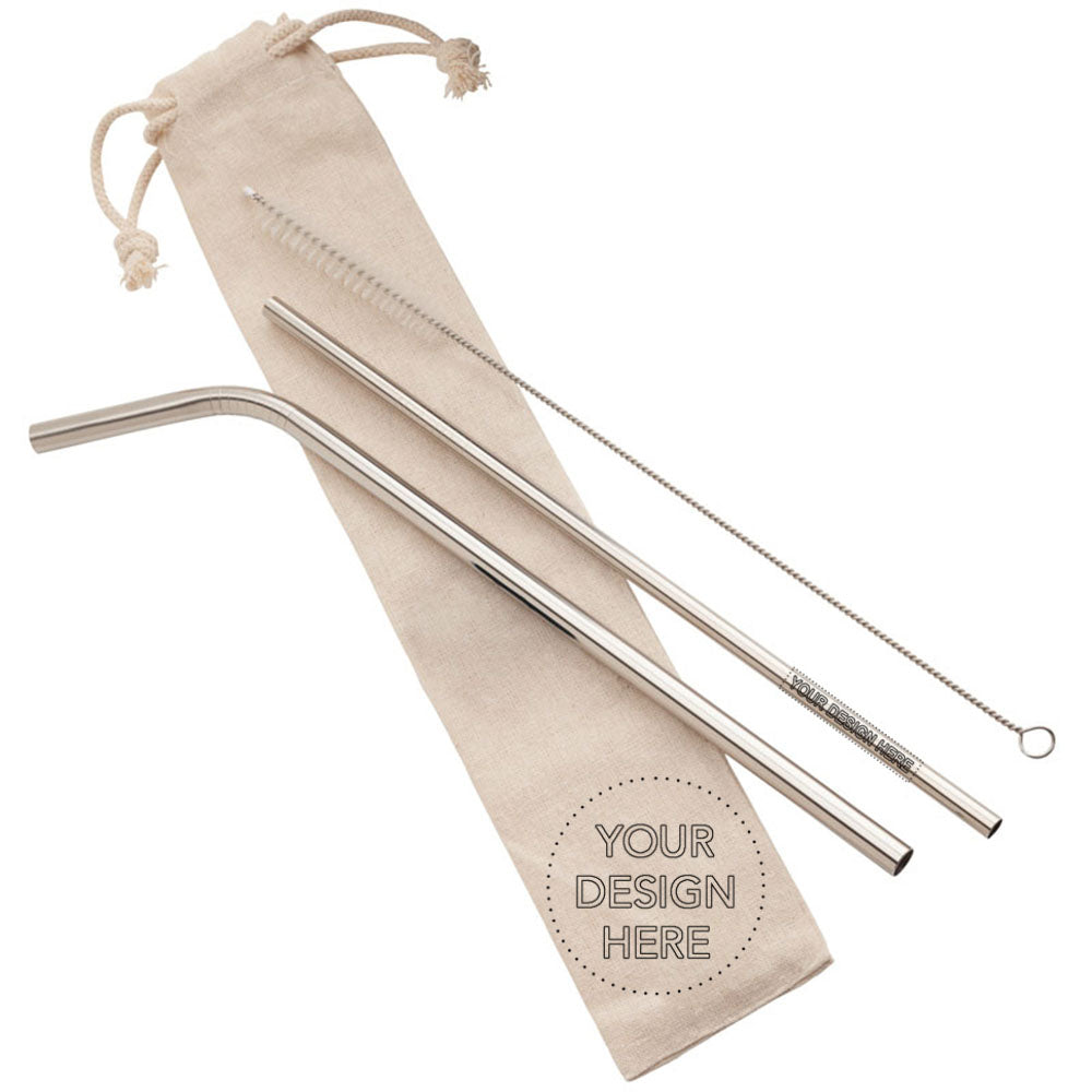 2 Stainless Steel Drinking Straws And 1 Cleaning Brush In Gorgeous Jute GiftStainless Steel Drinking Straw Set in Jute Pouch