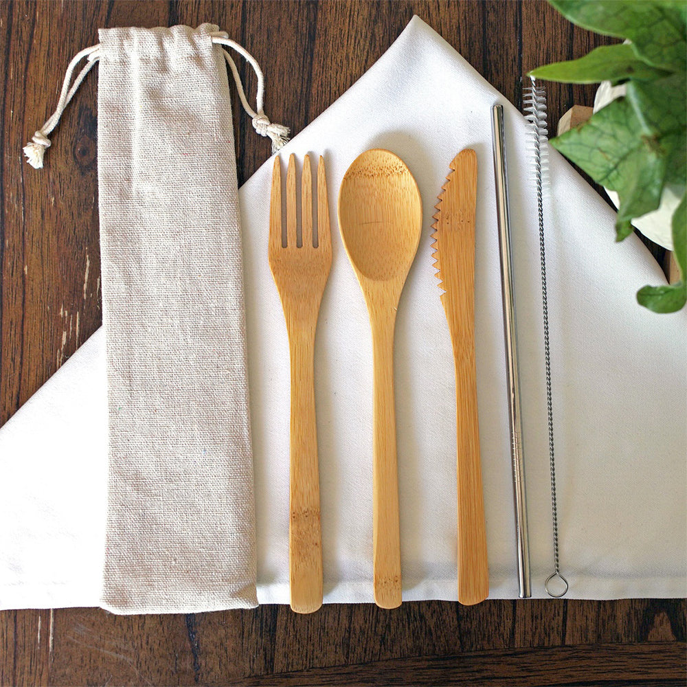 Reusable Eco-Friendly Bamboo Utensil Set with Metal Straw and Linen Bag