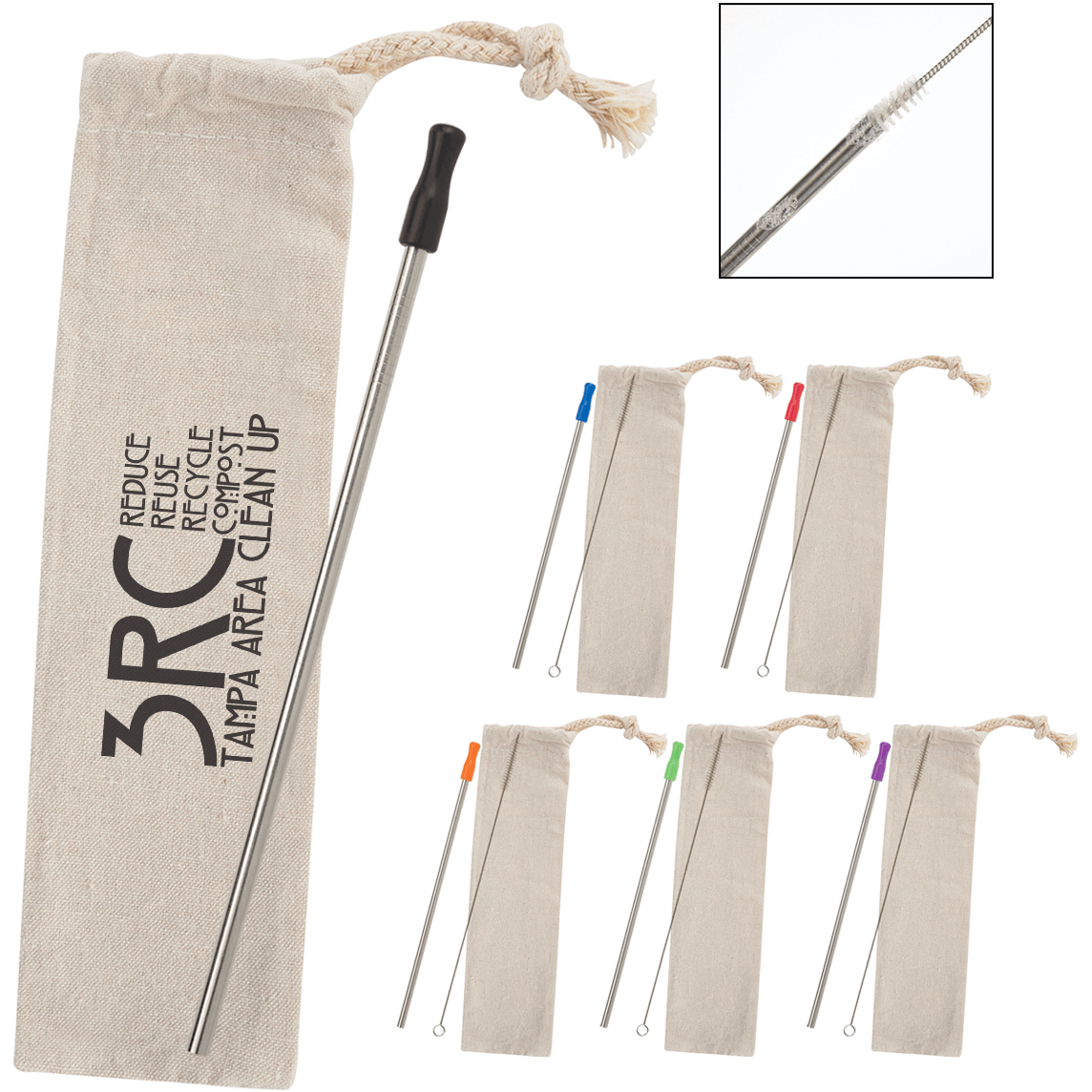 Customizable Stainless Steel Straw Kit with Cotton Pouch
